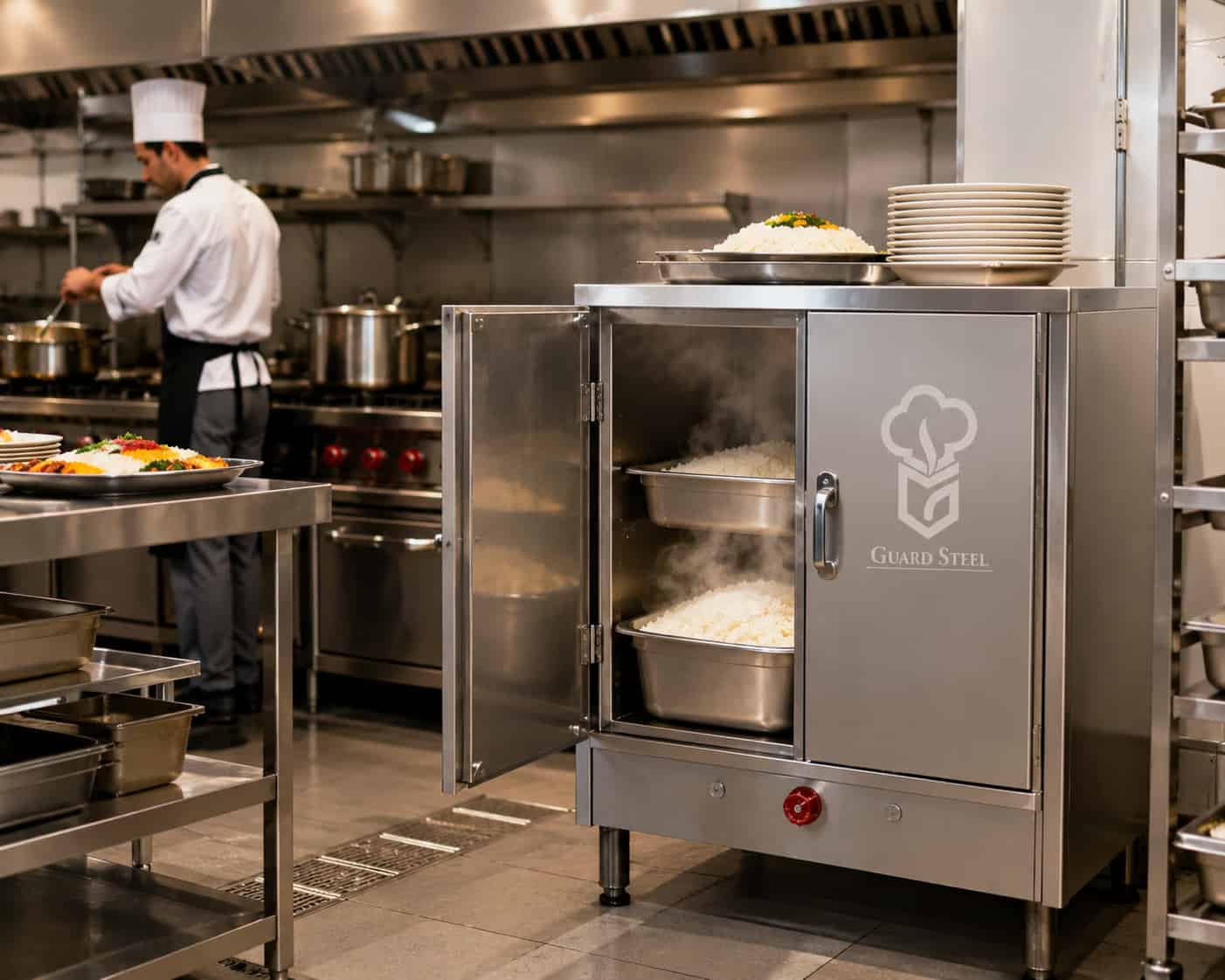 Stainless Steel-Clad Rice Steamer: A Reliable Choice for Commercial Kitchens دمکن برنج گارد استیل؛ انتخابی مطمئن برای آشپزخانههای صنعتی