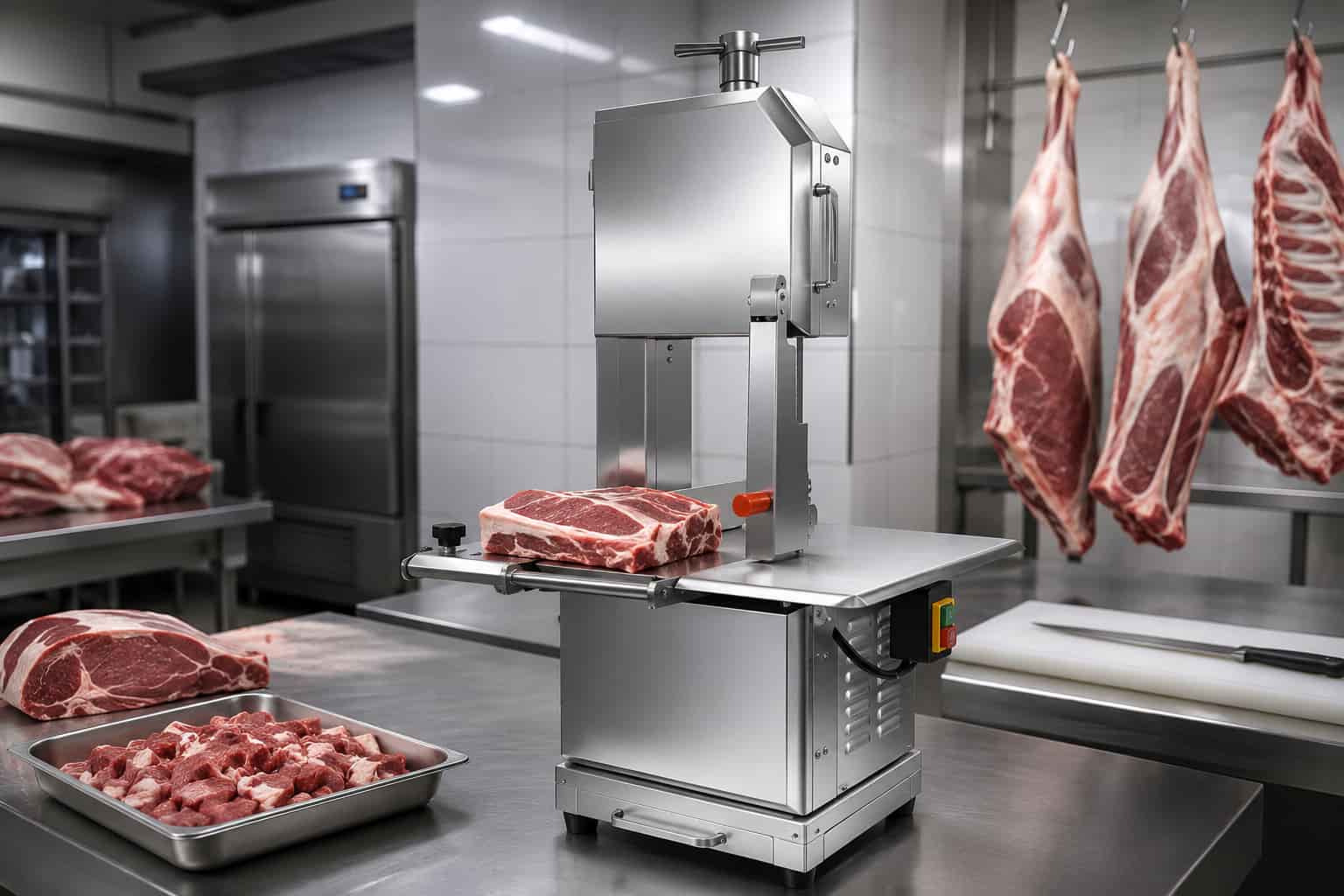 Precise and safe cutting of meat and bone with a bone saw featuring a steel guard. برش دقیق و ایمن گوشت و استخوان با اره استخوان بر گارد استیل