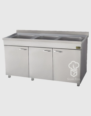 سینک ظرفشویی صنعتی کابینت دار 3 لگن گارد استیل 190 سانت